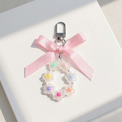 Pastel Flower Beaded Keychain with Pink Satin Bow and Pearl Accents