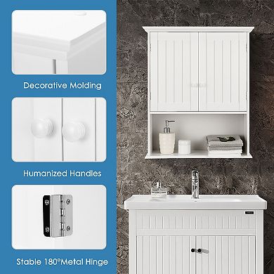 Wall-Mounted Bathroom Storage Cabinet with 2 Doors and Open Shelf - White