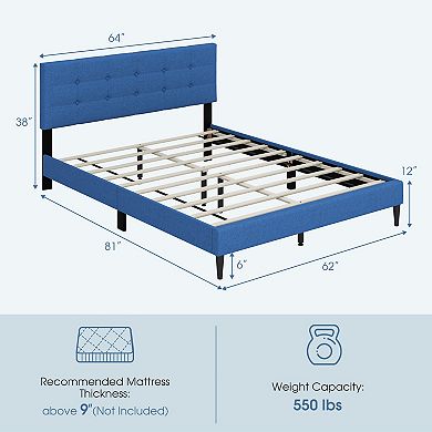 Queen Blue Upholstered Platform Bed with Button-Tufted Headboard