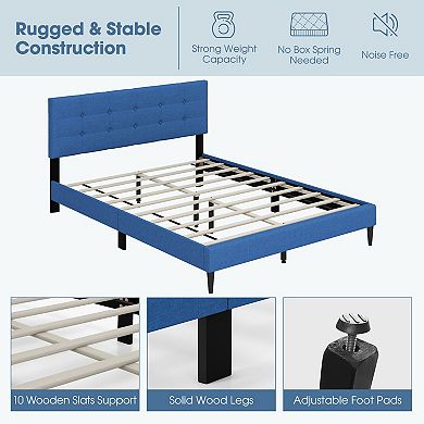 Queen Blue Upholstered Platform Bed with Button-Tufted Headboard