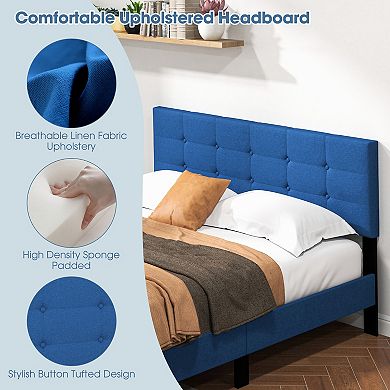 Queen Blue Upholstered Platform Bed with Button-Tufted Headboard