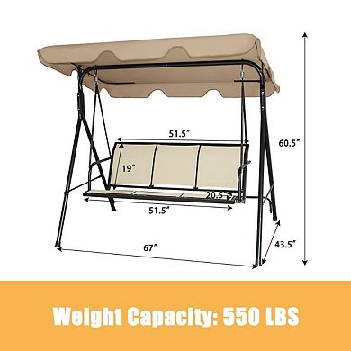 3-Person Patio Swing with Adjustable Polyester Canopy - Brown