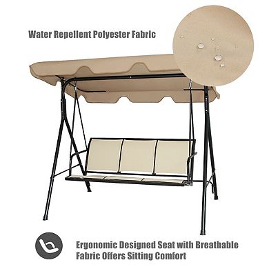 3-Person Patio Swing with Adjustable Polyester Canopy - Brown