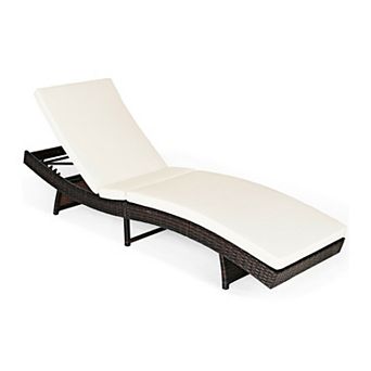 White Patio Folding Chaise Lounge with Cushion and 5 Positions