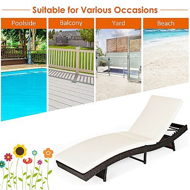 White Patio Folding Chaise Lounge with Cushion and 5 Positions
