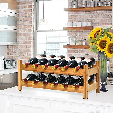 Bamboo 12-Bottle Wine Rack 2-Tier Countertop Wine Storage Shelf