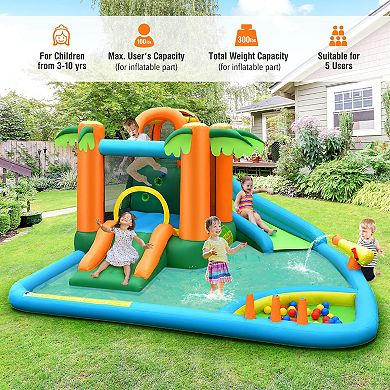 7-in-1 Inflatable Water Slide Park with Trampoline and 680W Blower