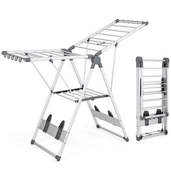 2 tier clothes drying rack with 21 rails, 10 side clips, and 4 shoe holders provides spacious drying