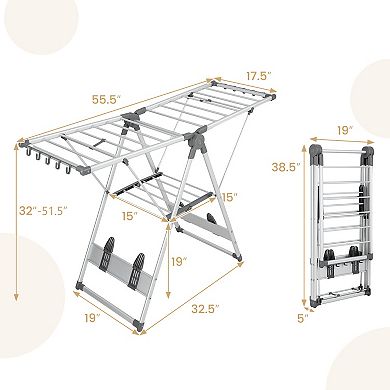 2-tier clothes drying rack with 21 rails, 10 side clips, and 4 shoe holders provides spacious drying
