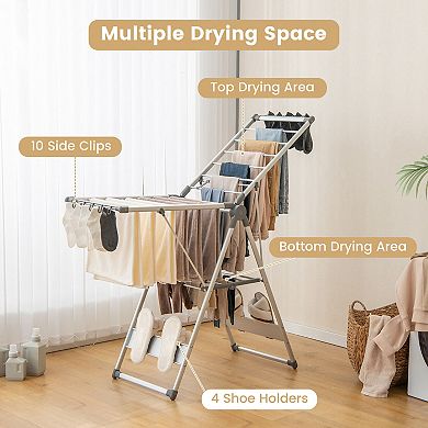 2-tier clothes drying rack with 21 rails, 10 side clips, and 4 shoe holders provides spacious drying