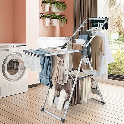 2-tier clothes drying rack with 21 rails, 10 side clips, and 4