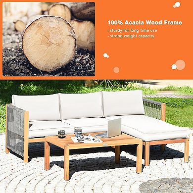 White 3-Piece Acacia Wood Sofa Set with Nylon Rope Armrests