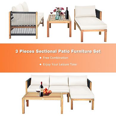 White 3-Piece Acacia Wood Sofa Set with Nylon Rope Armrests