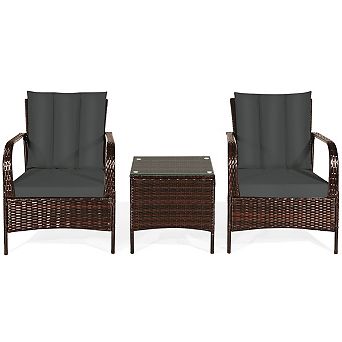 Patio Conversation Furniture Set with Rattan Chairs Glass Top Table and Cushions