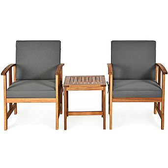 3 pc Solid Wood Patio Sofa Furniture Set with Cushions-Gray