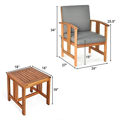 3-Piece Solid Wood Patio Sofa Furniture Set with Cushions-Gray