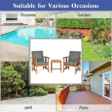 3-Piece Solid Wood Patio Sofa Furniture Set with Cushions-Gray