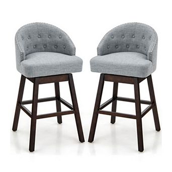 Set of 2 Swivel Bar Stools with Rubber Wood Legs and Padded Back - Gray