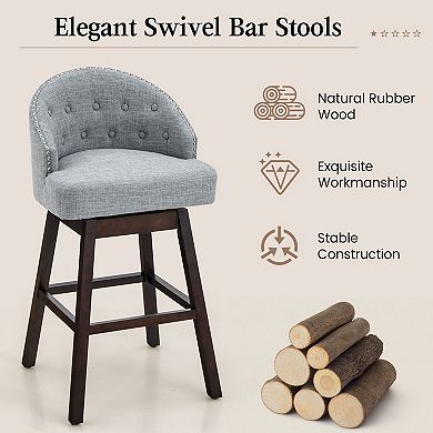 Set of 2 Swivel Bar Stools with Rubber Wood Legs and Padded Back - Gray