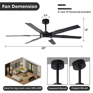 60" Modern Black Dimmable Reversible Smart LED Ceiling Fan with APP Control and Remote