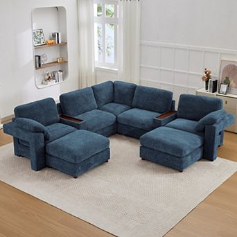 CEWOR Large L-Shaped Corner Sofa,5 Seat Cloud Cushion Sectional with Pull-Out Table, 2 Ottoman