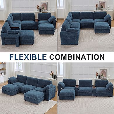 CEWOR Large L-Shaped Corner Sofa,5 Seat Cloud Cushion Sectional with Pull-Out Table, 2 Ottoman