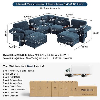 CEWOR Large L-Shaped Corner Sofa,5 Seat Cloud Cushion Sectional with Pull-Out Table, 2 Ottoman