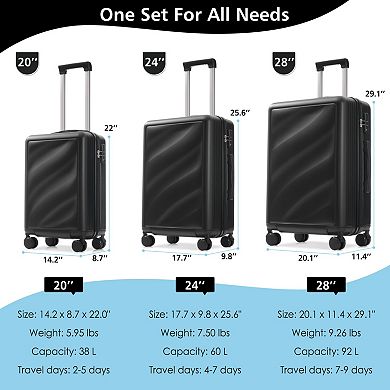 3 Piece Luggage Set, Durable ABS Suitcases, Carry on & Checked Travel Luggage