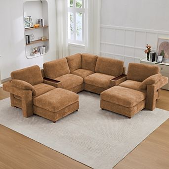 CEWOR Large L-Shaped Corner Sofa,5 Seat Cloud Cushion Sectional with Pull-Out Table, 2 Ottoman