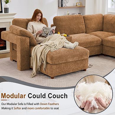 CEWOR Large L-Shaped Corner Sofa,5 Seat Cloud Cushion Sectional with Pull-Out Table, 2 Ottoman