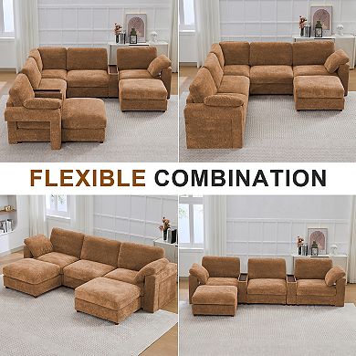CEWOR Large L-Shaped Corner Sofa,5 Seat Cloud Cushion Sectional with Pull-Out Table, 2 Ottoman