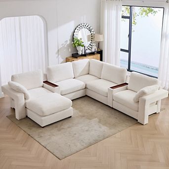 CEWOR Large L-Shaped Corner Sofa,5 Seat Cloud Cushion Sectional with Pull-Out Table, 1 Ottoman