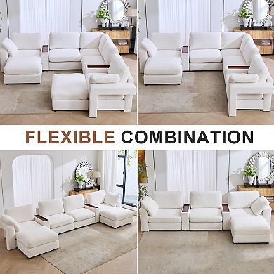 CEWOR Large L-Shaped Corner Sofa,5 Seat Cloud Cushion Sectional with Pull-Out Table, 1 Ottoman