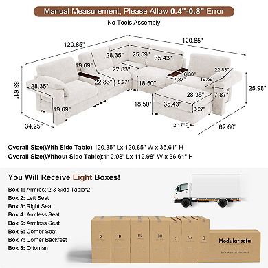 CEWOR Large L-Shaped Corner Sofa,5 Seat Cloud Cushion Sectional with Pull-Out Table, 1 Ottoman
