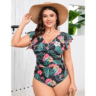 Women's Plus Size V-Neck Monokini with Ruffle Sleeves Knotted Front U-Back Chic One-Piece Swimsuit