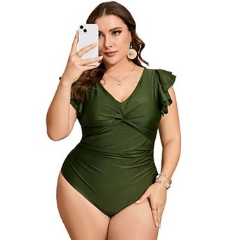 Women's Plus Size V-Neck Monokini with Ruffle Sleeves Knotted Front U-Back Chic One-Piece Swimsuit