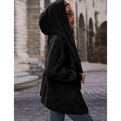 Women's Open Front Cardigan Coat Hooded Long Sleeve Loose Mid-Length Casual Outerwear