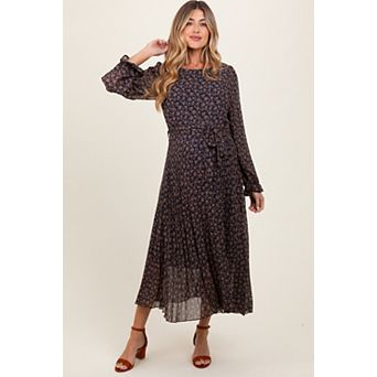 Maternity Blue Floral Front Tie Pleated Midi Dress