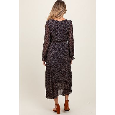 Maternity Blue Floral Front Tie Pleated Midi Dress