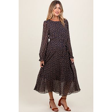 Maternity Blue Floral Front Tie Pleated Midi Dress
