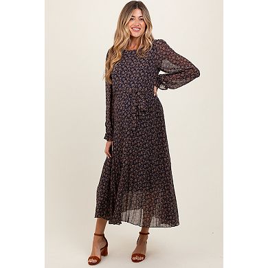 Maternity Blue Floral Front Tie Pleated Midi Dress