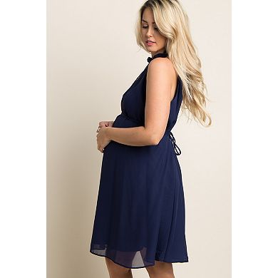 Maternity Blue Chiffon High Neck Dress