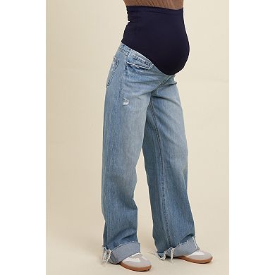 Maternity Blue Cuffed Baggy Wide Leg Maternity Jeans