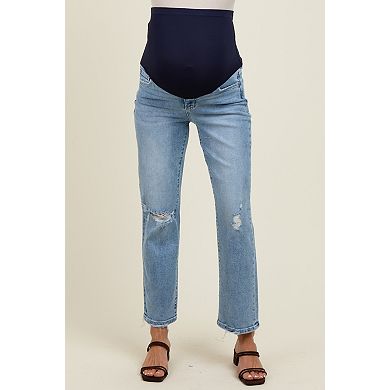 Maternity Blue Distressed Open Knee Ankle Straight Leg Maternity Jeans