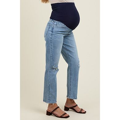 Maternity Blue Distressed Open Knee Ankle Straight Leg Maternity Jeans