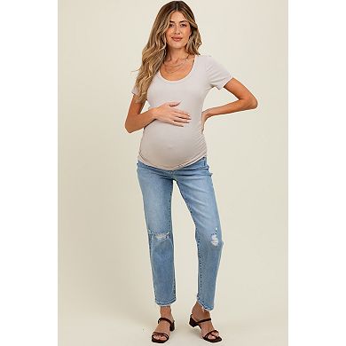 Maternity Blue Distressed Open Knee Ankle Straight Leg Maternity Jeans