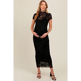 Maternity Floral Mesh Overlay Fitted Maxi Dress