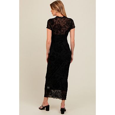 Maternity Floral Mesh Overlay Fitted Maxi Dress