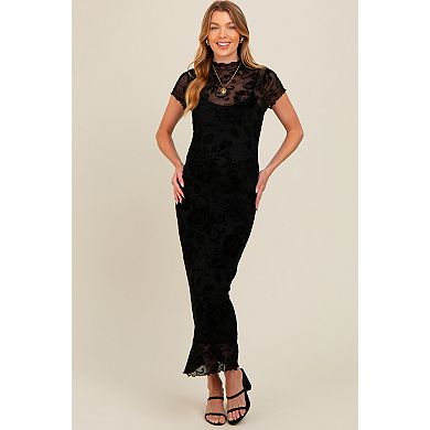 Maternity Floral Mesh Overlay Fitted Maxi Dress