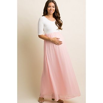 Maternity Petite Light Pink Chiffon Colorblock Maternity Maxi Dress